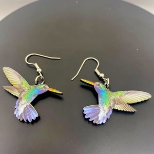 Blue green hummingbird earrings silver tone